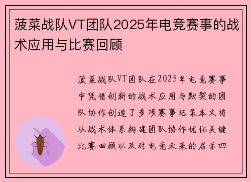 菠菜战队VT团队2025年电竞赛事的战术应用与比赛回顾